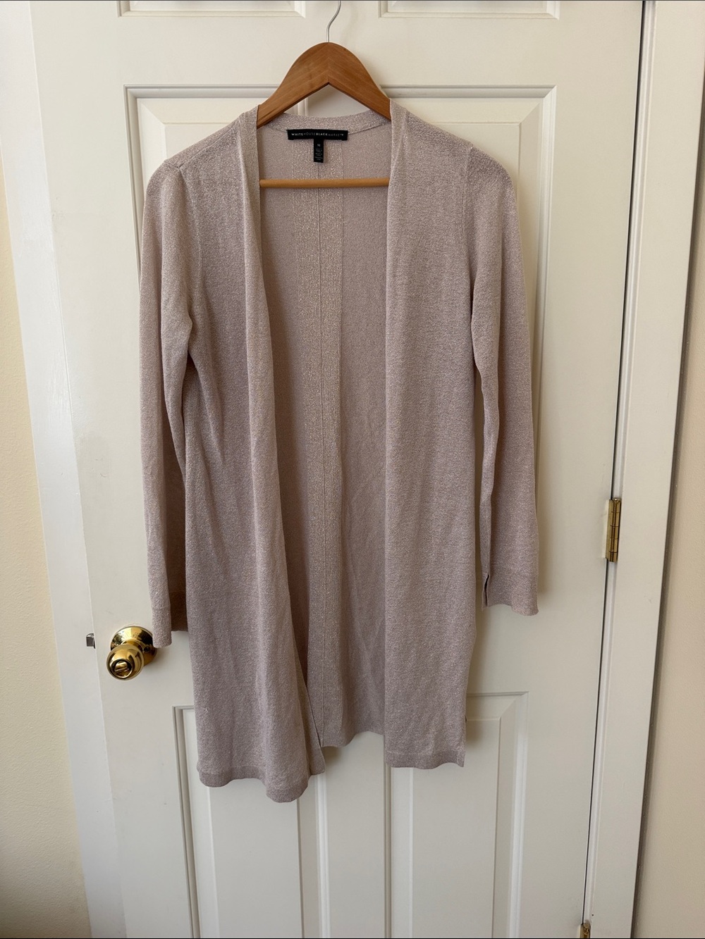 White HouseBlackMarket Light Taupe Metallic Shimmer Open-Front Cardigan - Med